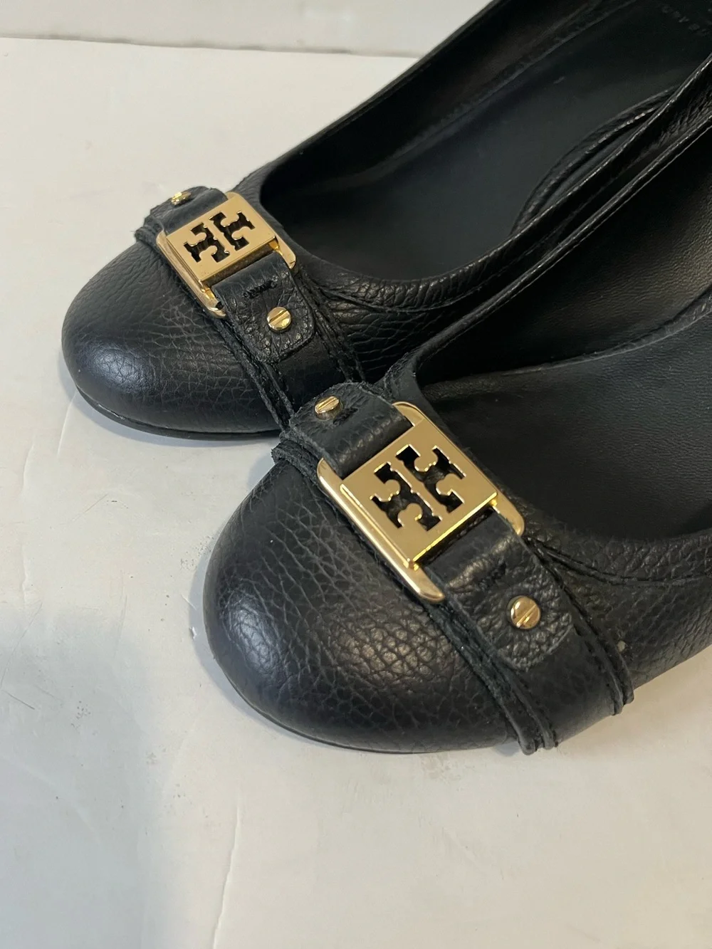 Tory Burch Black Leather Wedge Pumps with Gold Accent size 9M